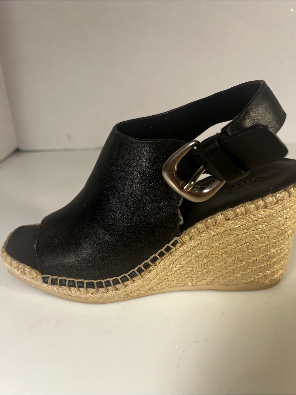 Vince Black Leather Espadrille Wedge Sandal with Buckle - Picture 2 of 6